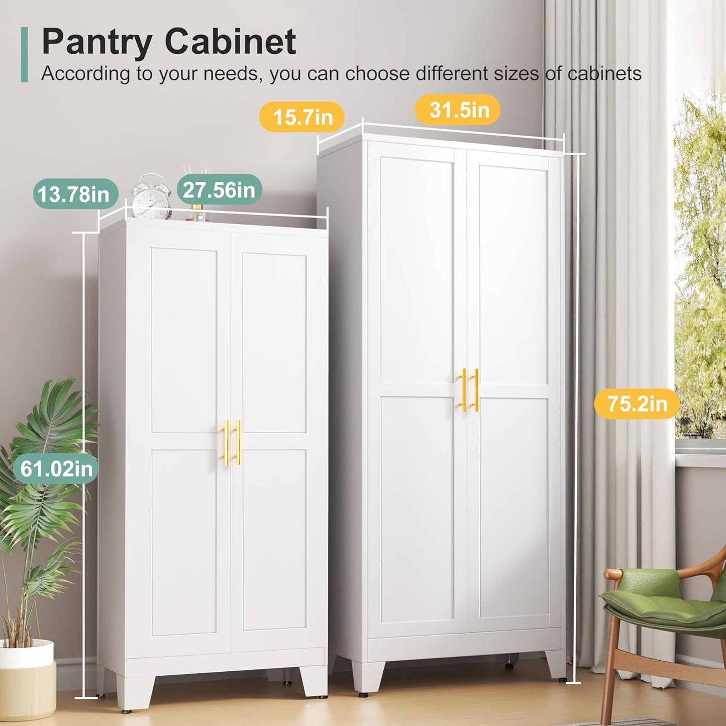 Metal Pantry Cabinet with 2 Doors and Adjustable Shelves - 61" Kitchen Storage Cabinet with Gold