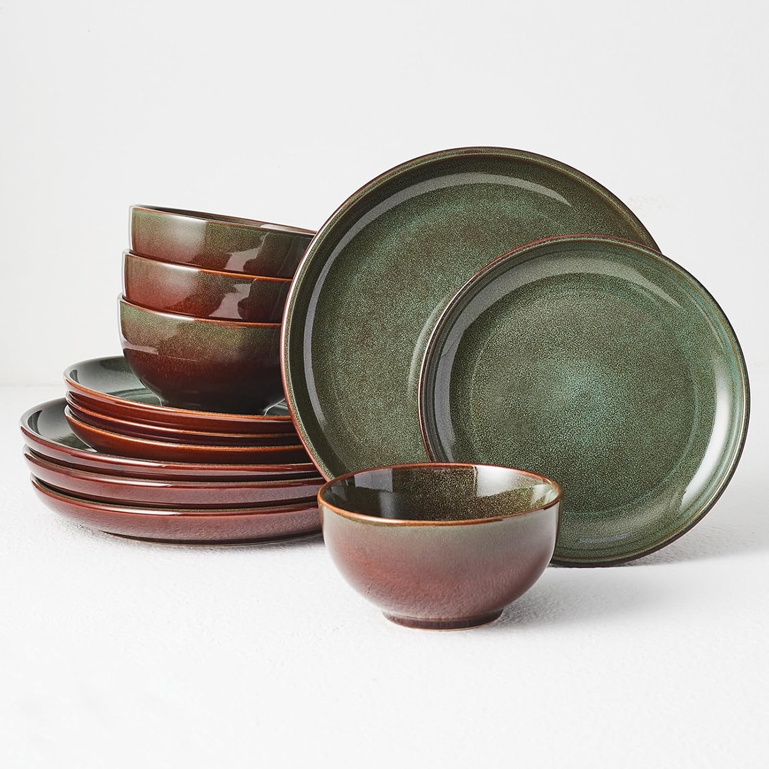 Stoneware Dinnerware Sets Service for 4, 12 pcs Reactive Glaze Plates and Bowls Sets, Handmade