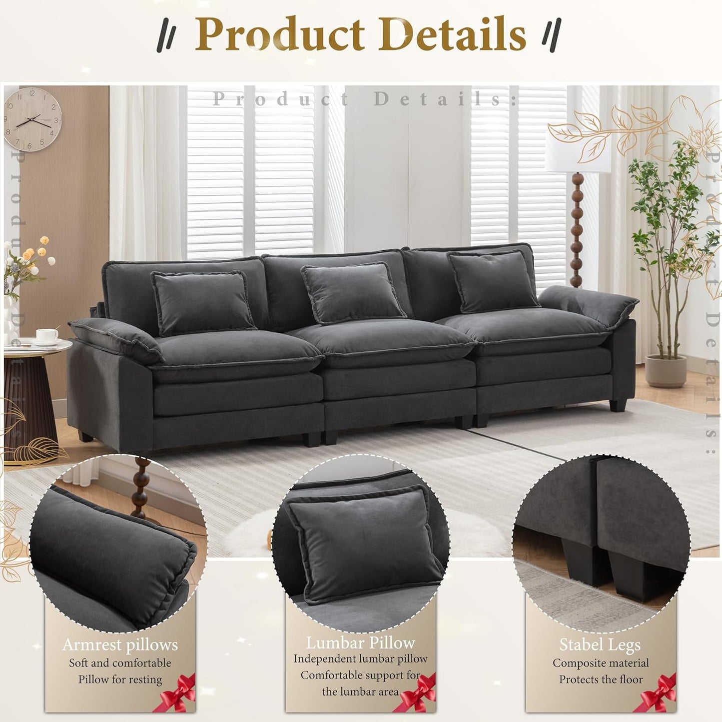 URRED Modular Sectional Sofa Comfy Cloud Couch, Modern Velvet Sofa Sleeper Deep Seat Couches with