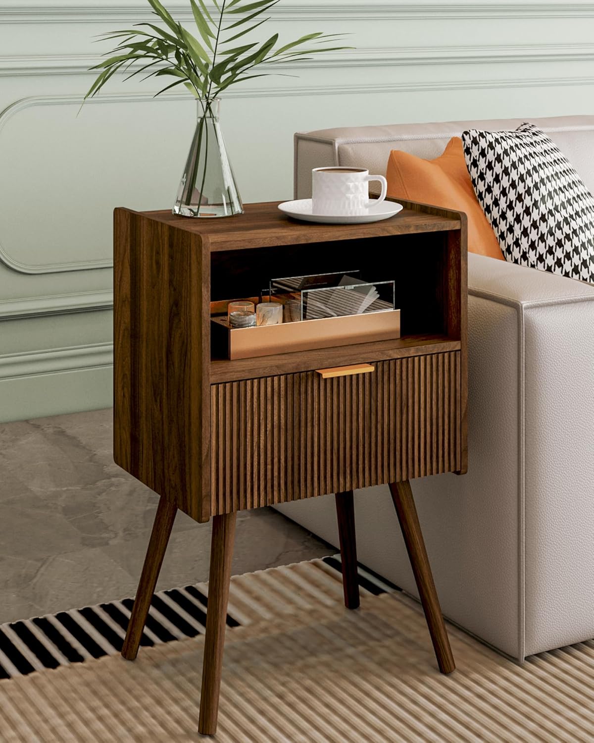 Nightstand,Modern Bedside Table with Storage Drawer and Open Wood Shelf, Accent Night Stand with