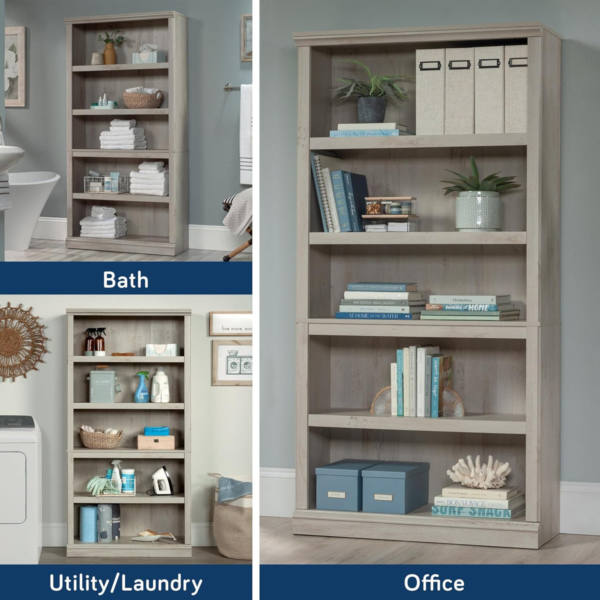 Sauder 5 Tier Book Shelf Wooden Bookcase Multipurpose Bookshelf for Home Office, Living Room, in