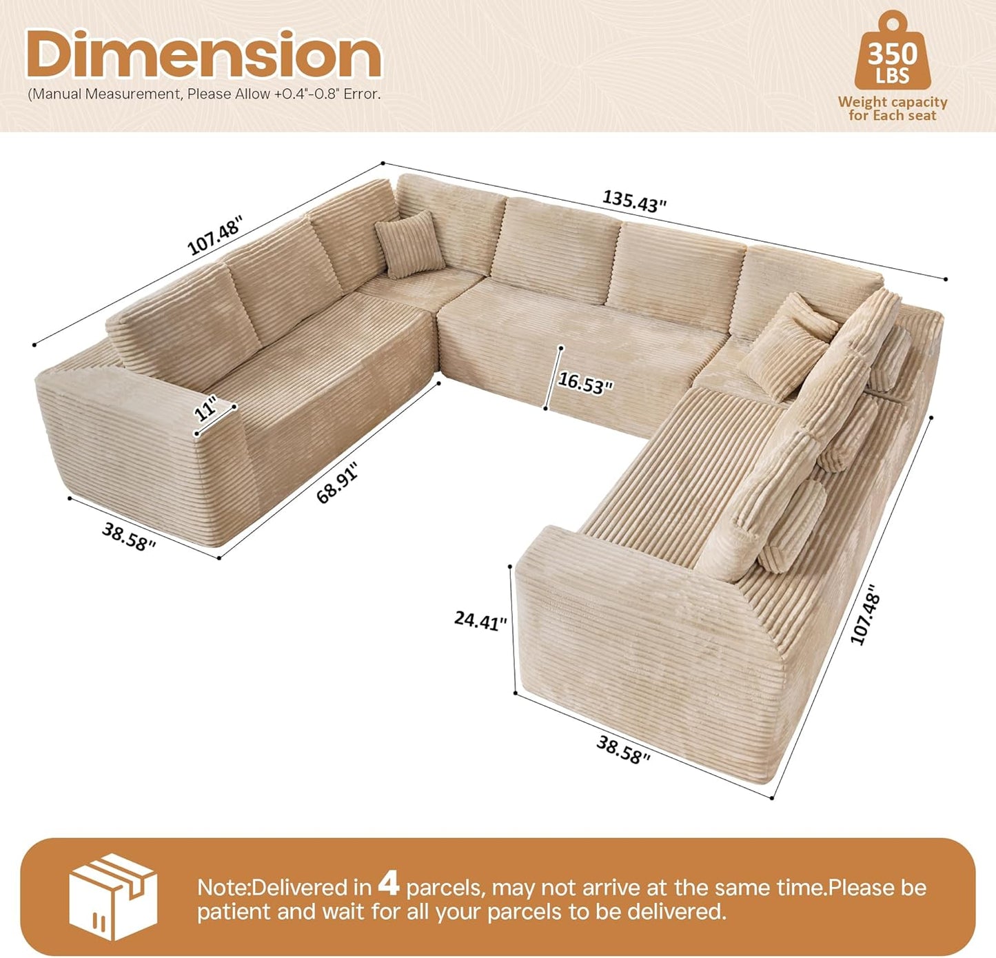 Cloud Sectional Couches for Living Room,U Shaped Modular Sofas No Assembly,135x107 Inches Plush