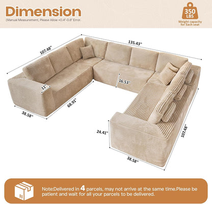 Cloud Sectional Couches for Living Room,U Shaped Modular Sofas No Assembly,135x107 Inches Plush