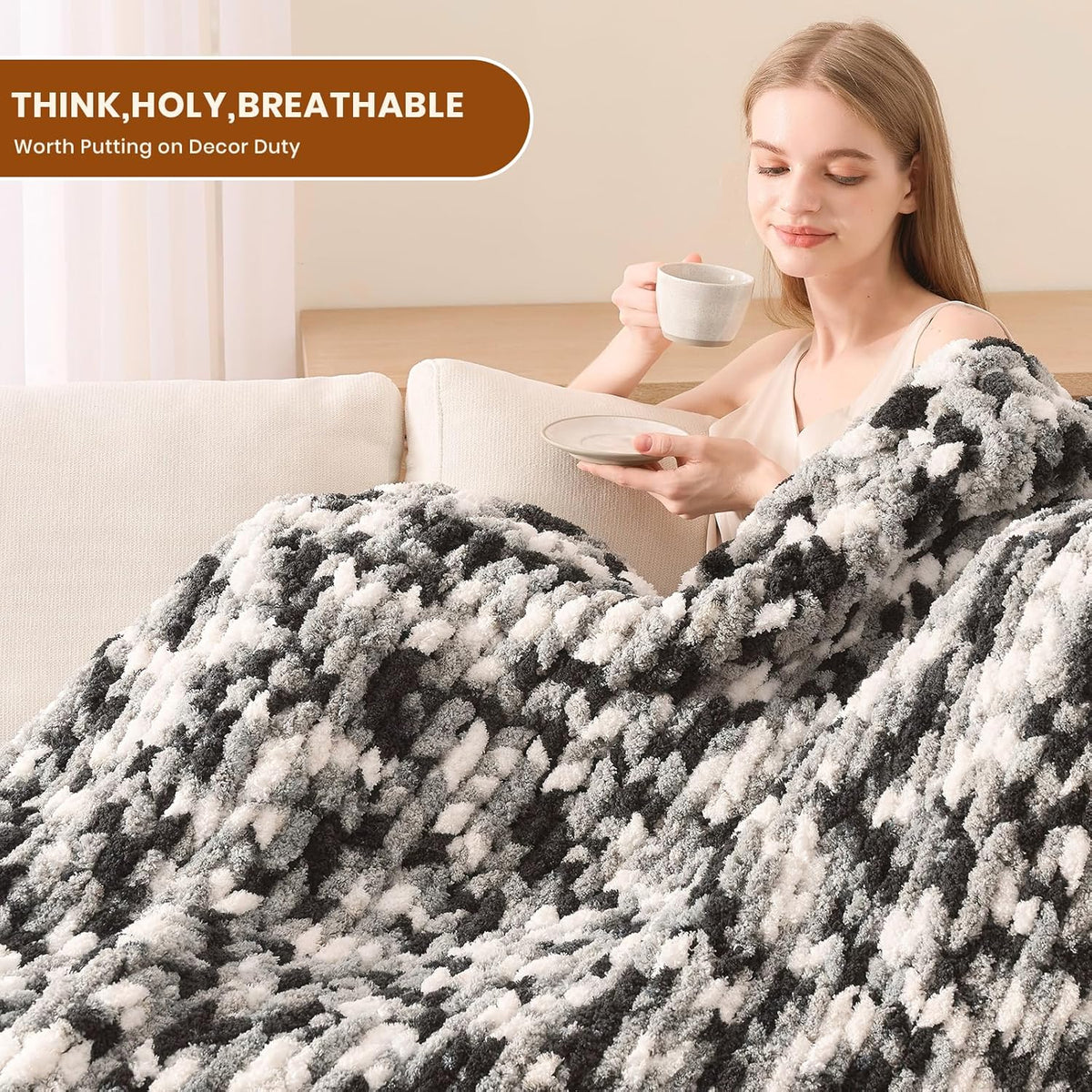 L'AGRATY Chunky Knit Blanket Throw: 50''x60'' Chenille Chunky Knitted Throw Blankets for Bed Couch