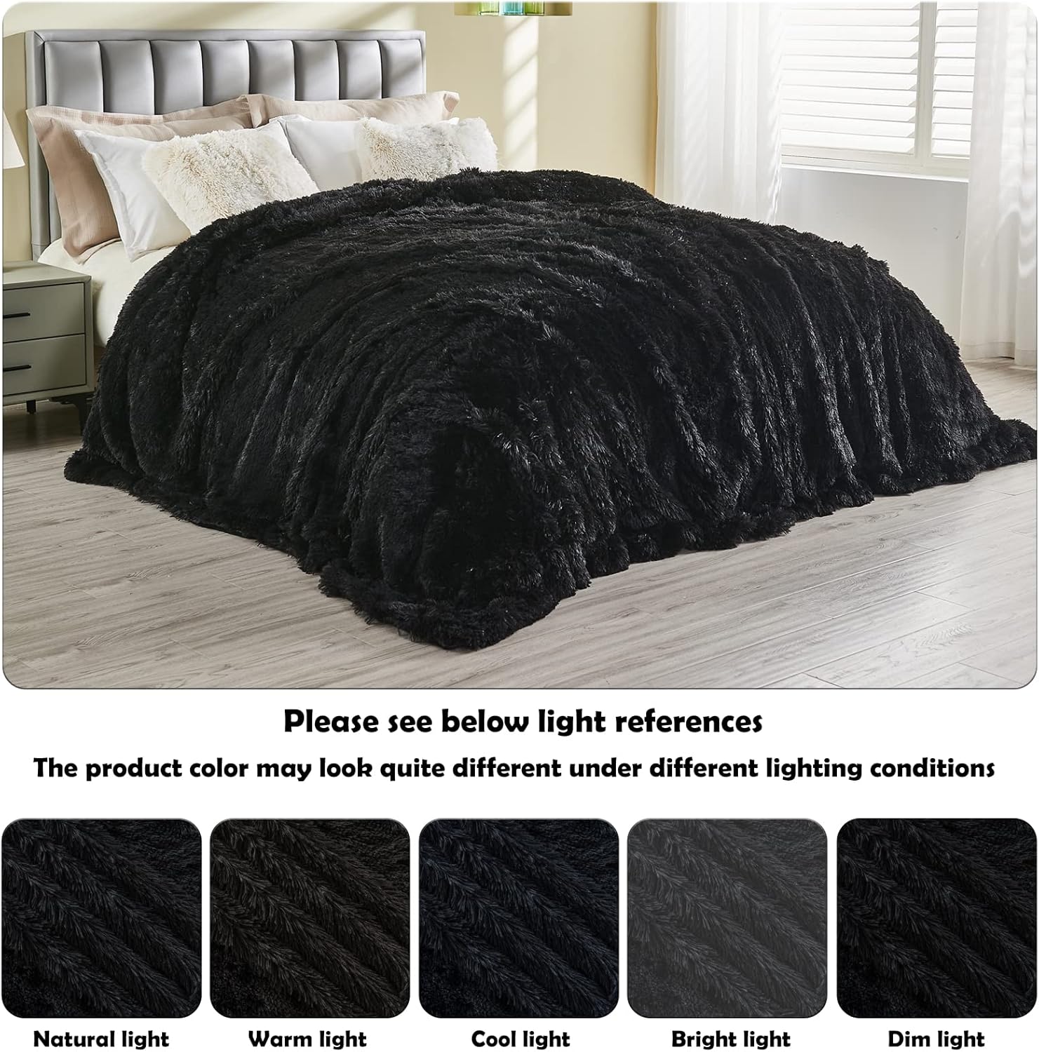 GONAAP Fuzzy Faux Fur Throw Blanket Twin Size Black Super Soft Cozy Plush Fuzzy Shaggy Blanket for