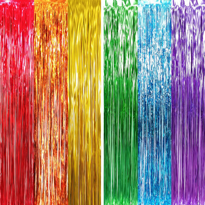 GOER 6.5 ft x 8.2 ft Metallic Tinsel Foil Fringe Curtains,Pack of 2 Party Streamer Backdrop for