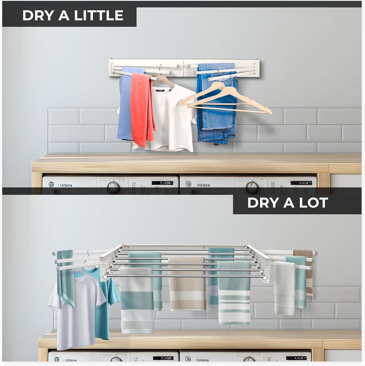 MODERN-X Wall Mounted Clothes Drying Rack with 6 Swivel arms, 35”Wide, 26 Linear ft of Laundry