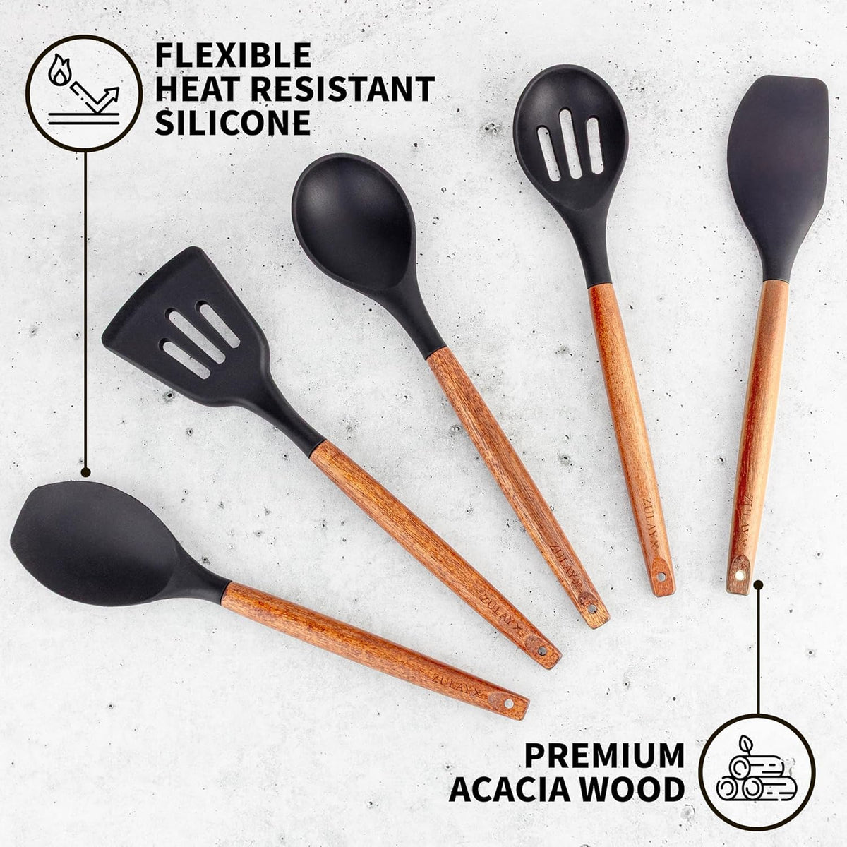 Zulay Kitchen Non-Stick Cooking Utensils Set with Authentic Acacia Wood Handles – 5-Piece Durable &