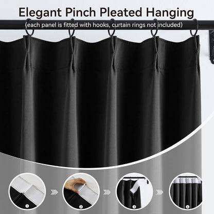 KangBang Black Pinch Pleat Blackout Curtains 120 Inches Long for Living Room 2 Panels, Thermal