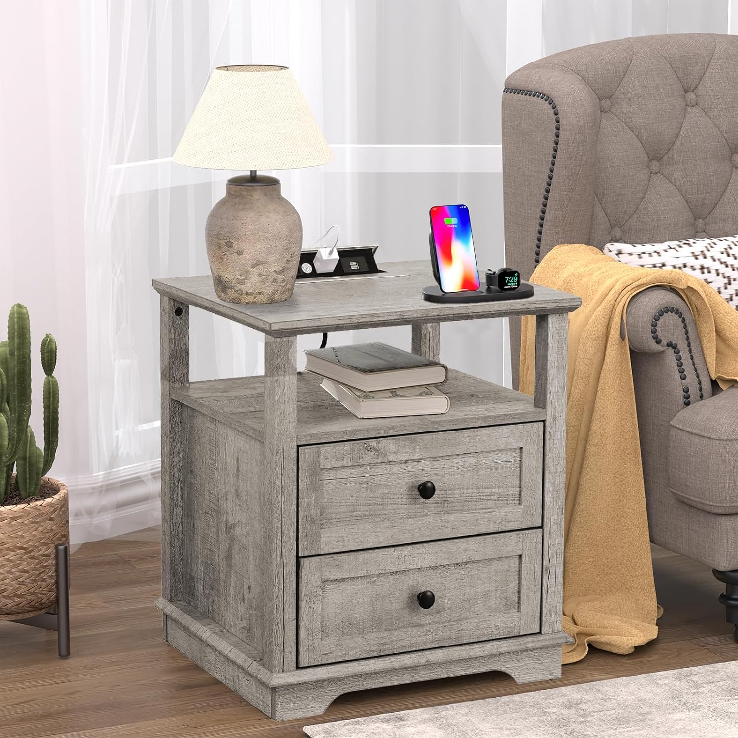 HIFYOBRO End Table with 2 Drawers and Charging Station, Type-C & USB Port & Power outlets, Wooden