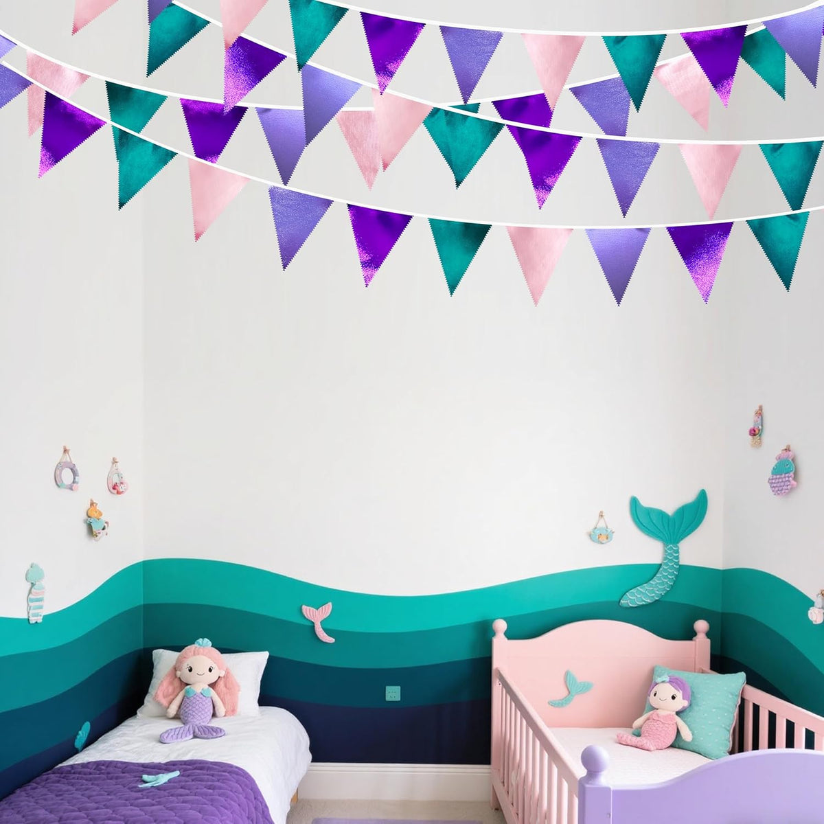 Mermaid Party Decorations Purple Pink and Teal Aqua Metallic Fabric Triangle Pennant Banner Flag