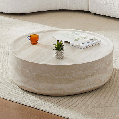 Faux Marble Coffee Table, Modern Round Coffee Table for Living Room, Circle Drum Coffee Side