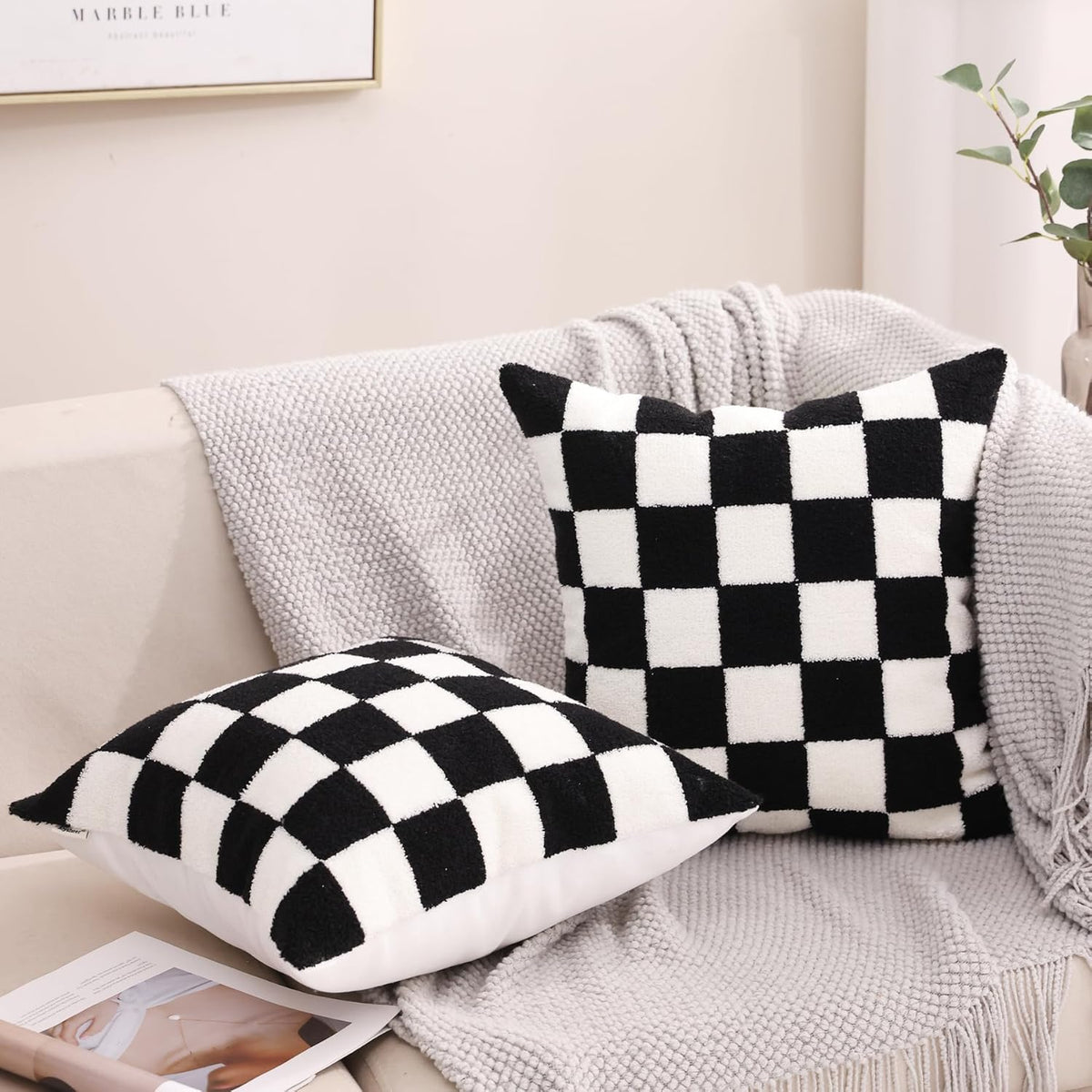 Alysheer Checkered Embroidered Decorative Throw Pillow Covers 18"x 18" Set of 2, Farmhouse Cottage