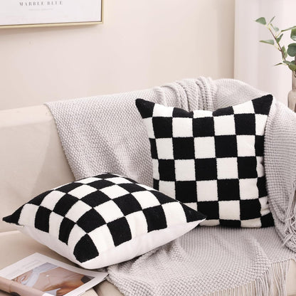 Alysheer Checkered Embroidered Decorative Throw Pillow Covers 18"x 18" Set of 2, Farmhouse Cottage