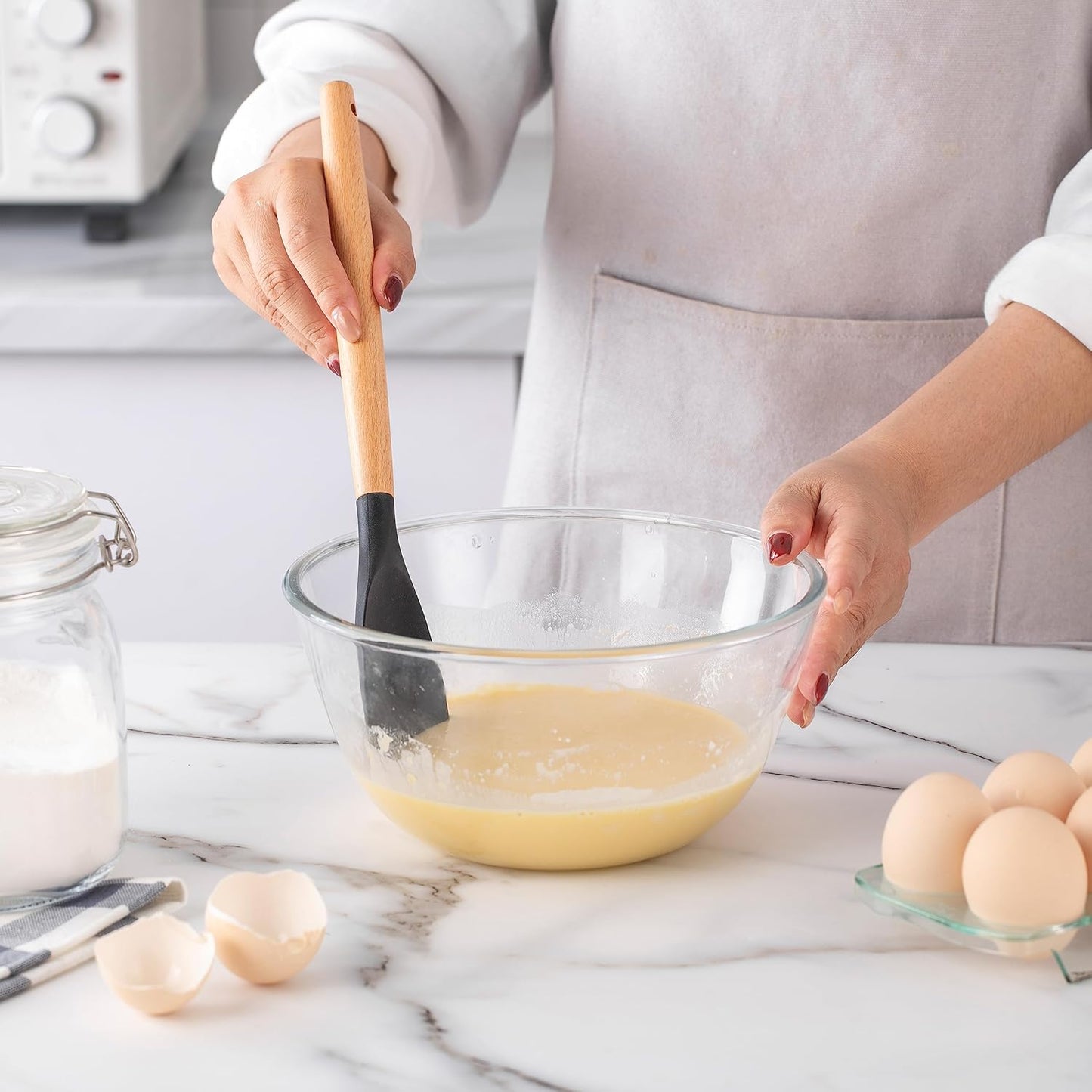 Country Kitchen Non Stick Silicone Utensil Set with Rounded Wood Handles for Cooking and Baking, 14