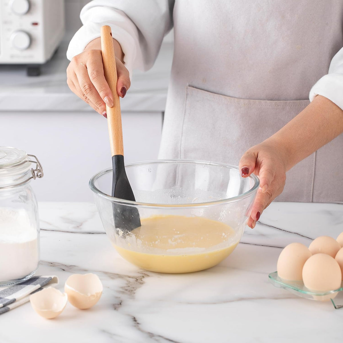 Country Kitchen Non Stick Silicone Utensil Set with Rounded Wood Handles for Cooking and Baking, 14