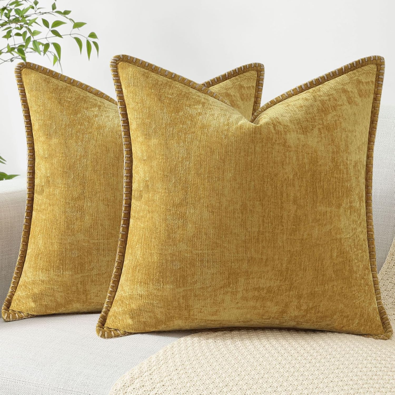 decorUhome Chenille Soft Throw Pillow Covers 26x26 Set of 2, Farmhouse Velvet Neutral Decorative