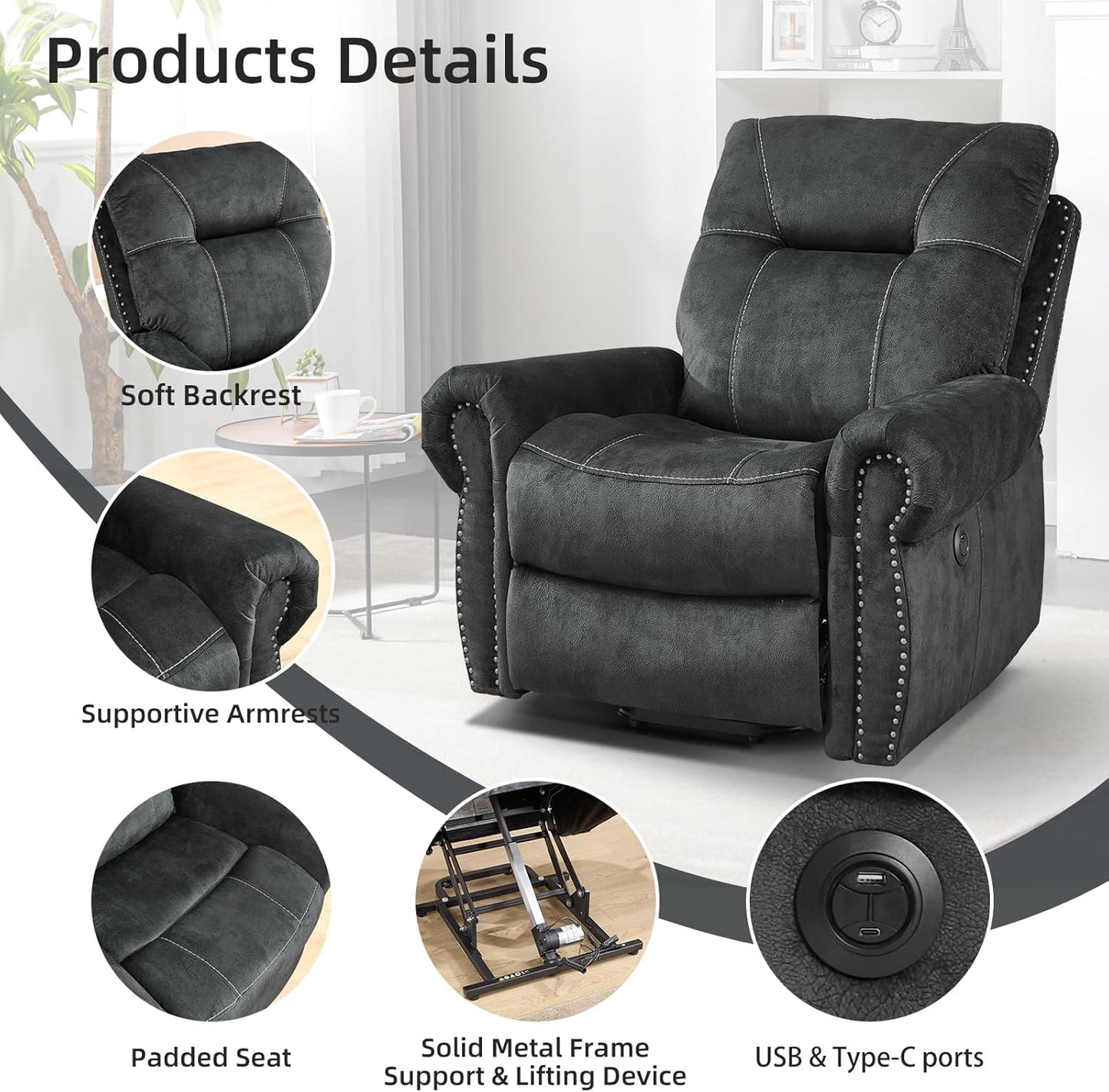 EBELLO Electric Power Recliner Chair with Massage and Heat, Soft Fabric Massage Recliner for