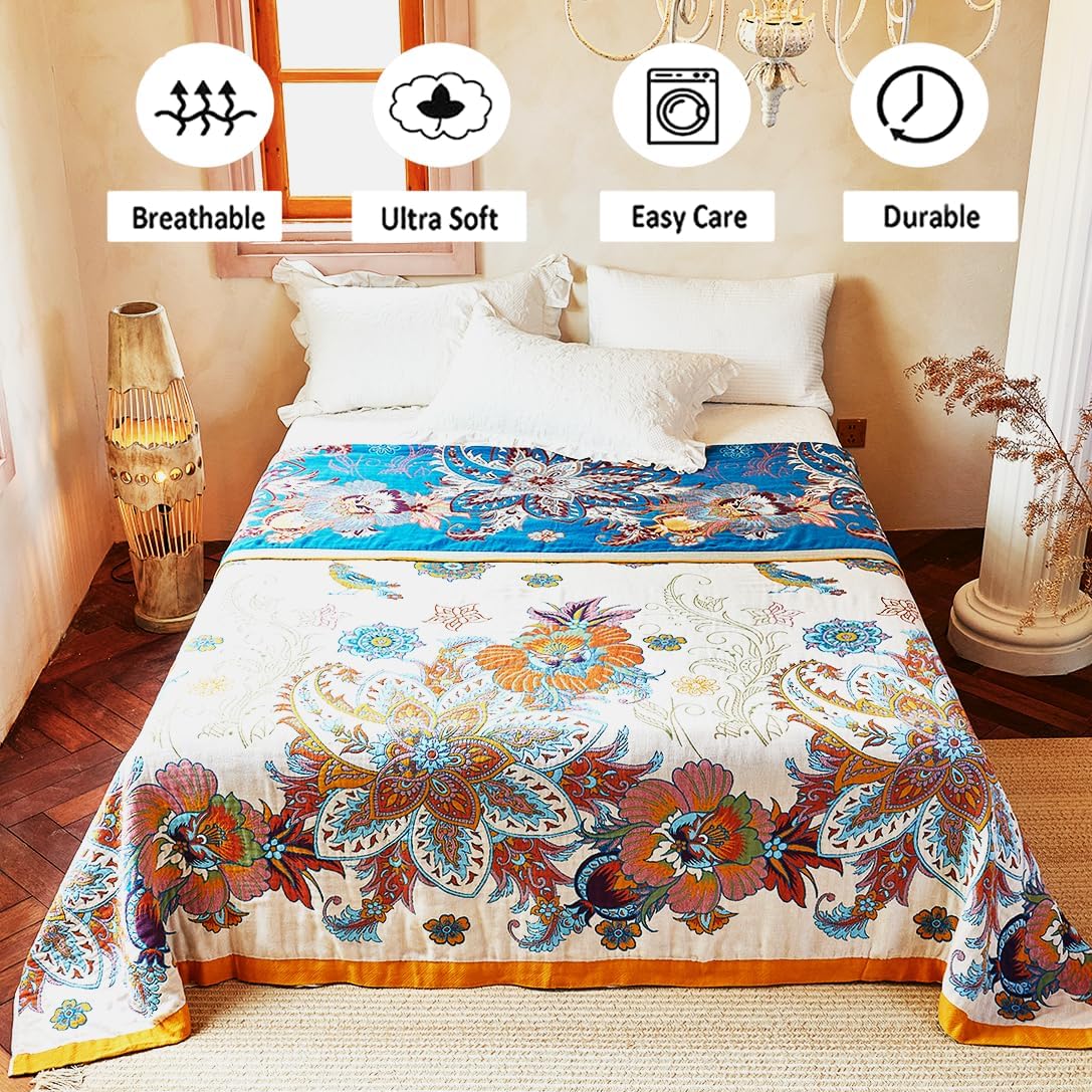 Boho Throw Blanket, 100% Organic Cotton Breathable Ultra Soft Bed Quilt Throw - All Season Floral