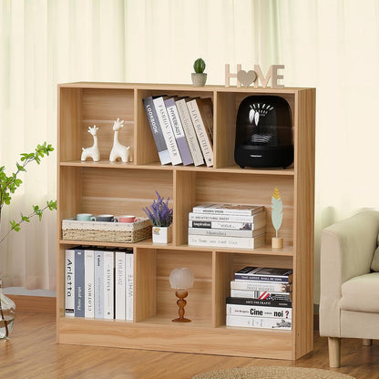 LEYAOYAO 8 Cube Bookshelf with Wood Base,Natural 3 Tier Mid-Century Modern Bookcase,Standing Wide