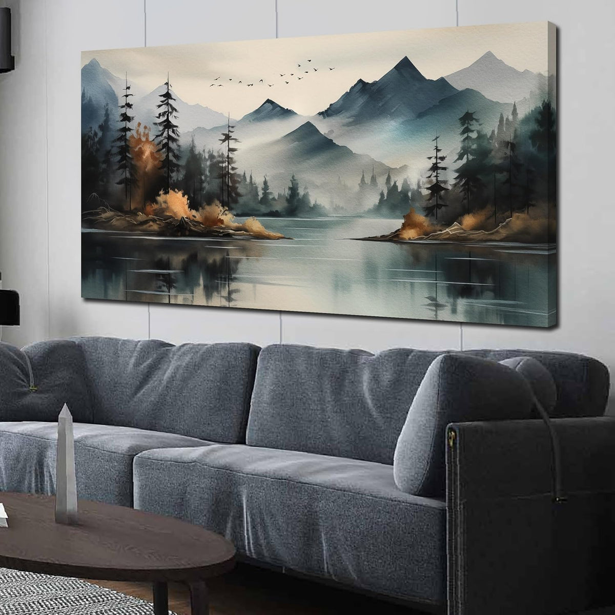 Rustic Wall Art for Living Room Large Size Teal Mountain Tree Landscape Canvas Wall Art for Bedroom