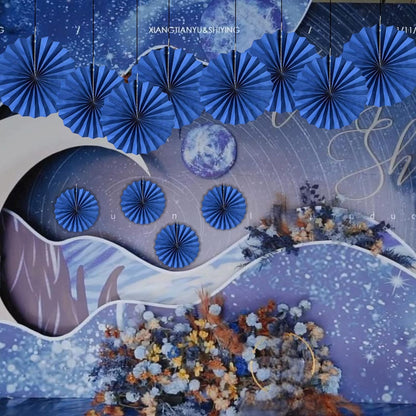 HQZ Blue Party Hanging Fans DIY Set - 12pcs Paper Fans, Pinwheels, Craft for Wedding, Birthday