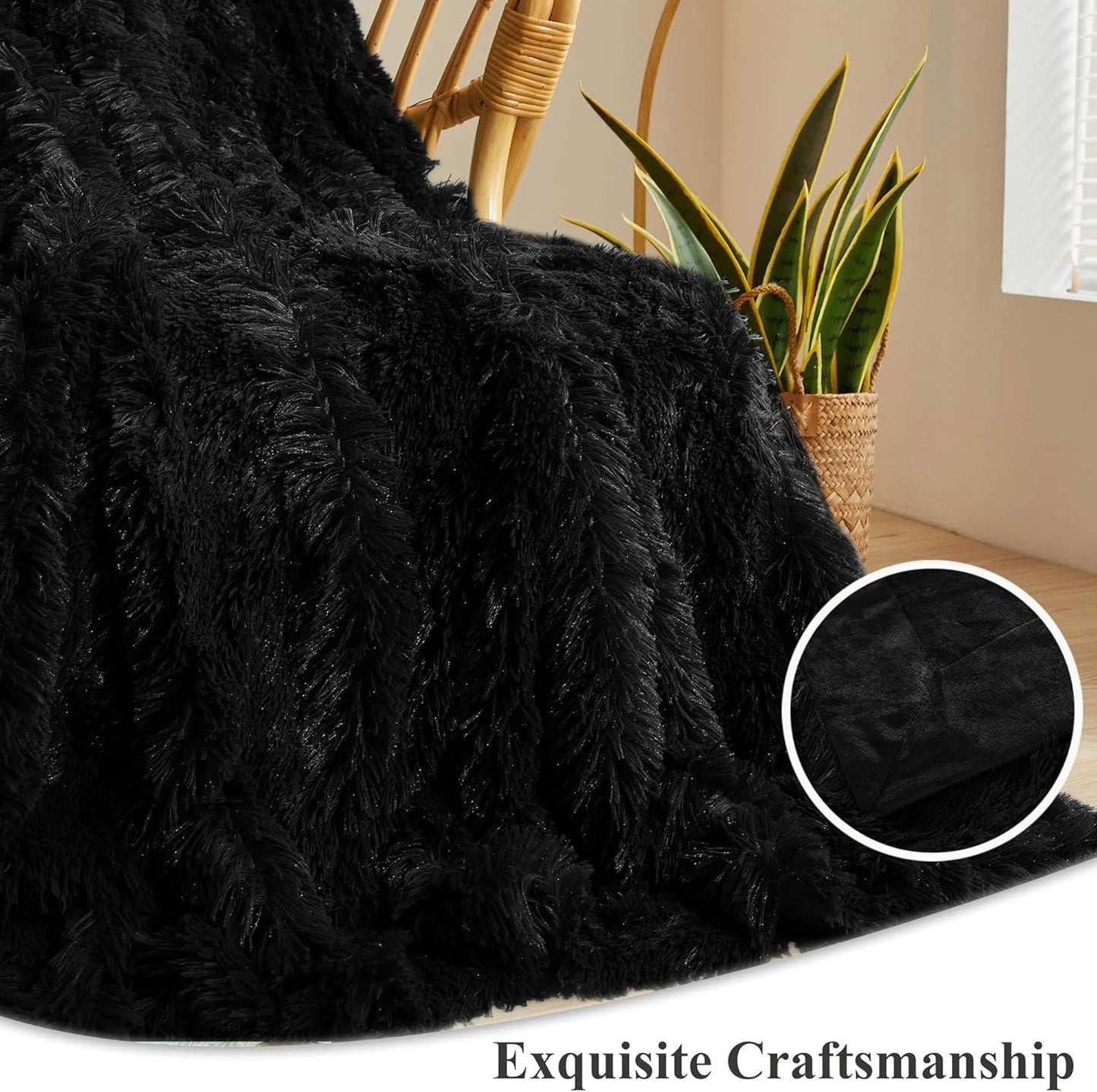 XeGe Luxury Faux Fur Throw Blanket, Black Soft 50x60 Fluffy Blanket Throw, Shaggy Plush Decorative