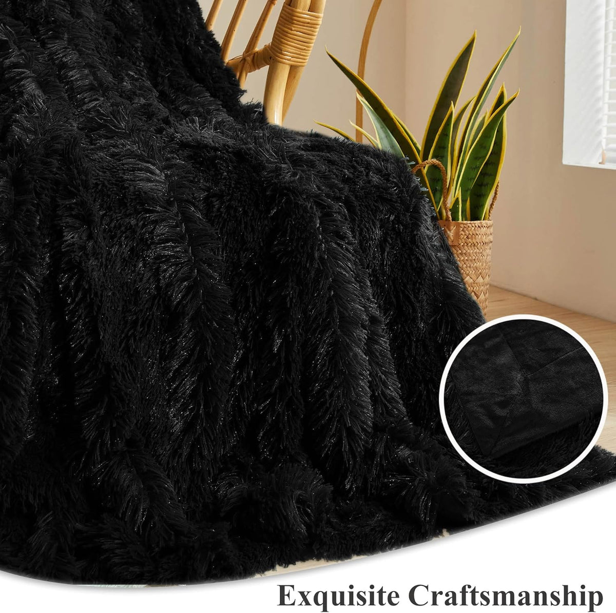 XeGe Luxury Faux Fur Throw Blanket, Black Soft 50x60 Fluffy Blanket Throw, Shaggy Plush Decorative