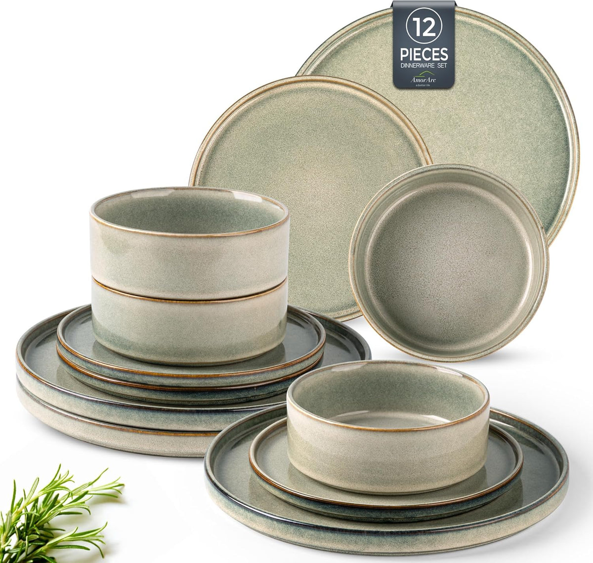AmorArc Ceramic Dinnerware Sets, Handmade Reactive Glaze Stoneware Plates and Bowls Sets,Highly