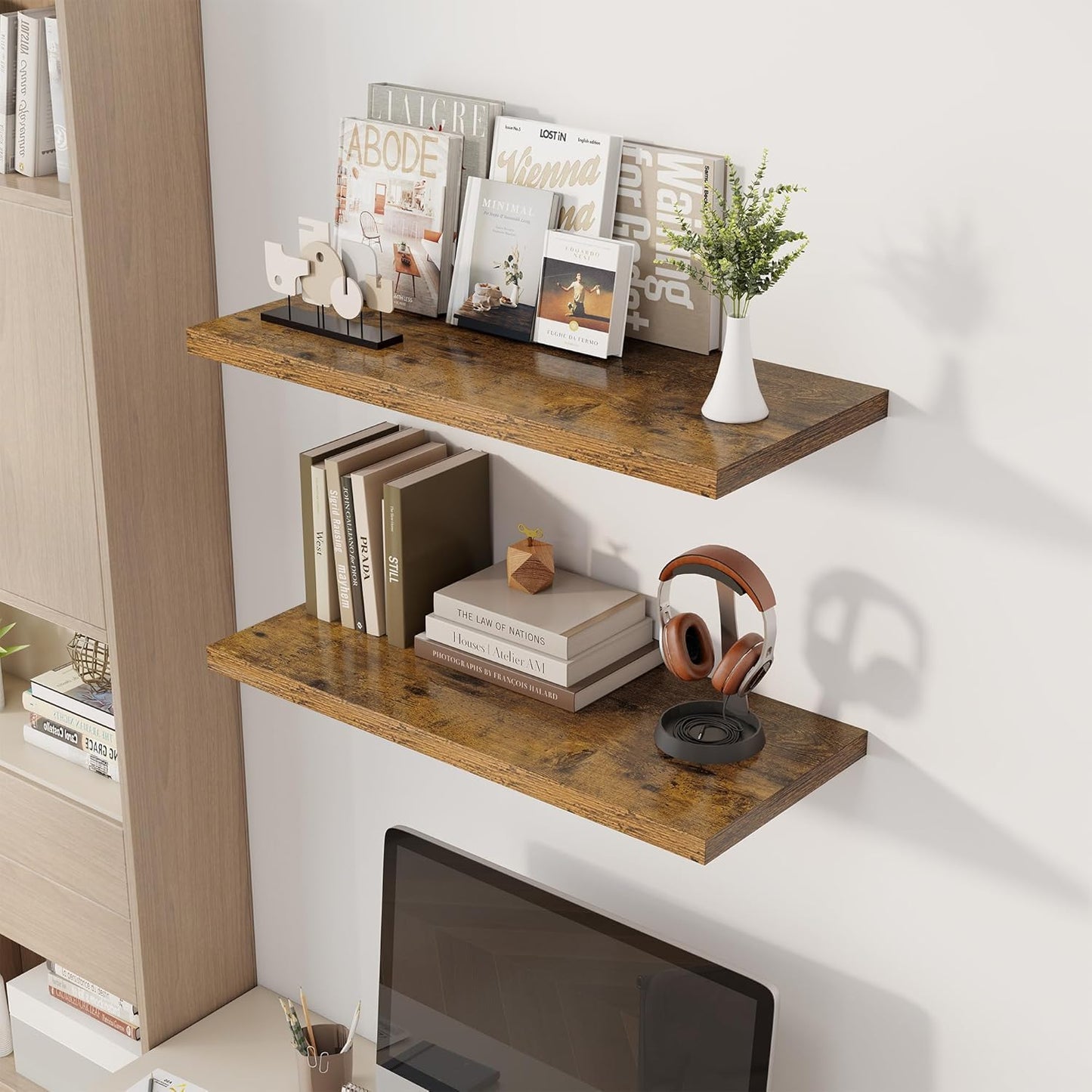 32" Floating Shelves for Wall, 12" Deep Slim Rustic Brown Floating Shelves, Wall-Mounted Shelves