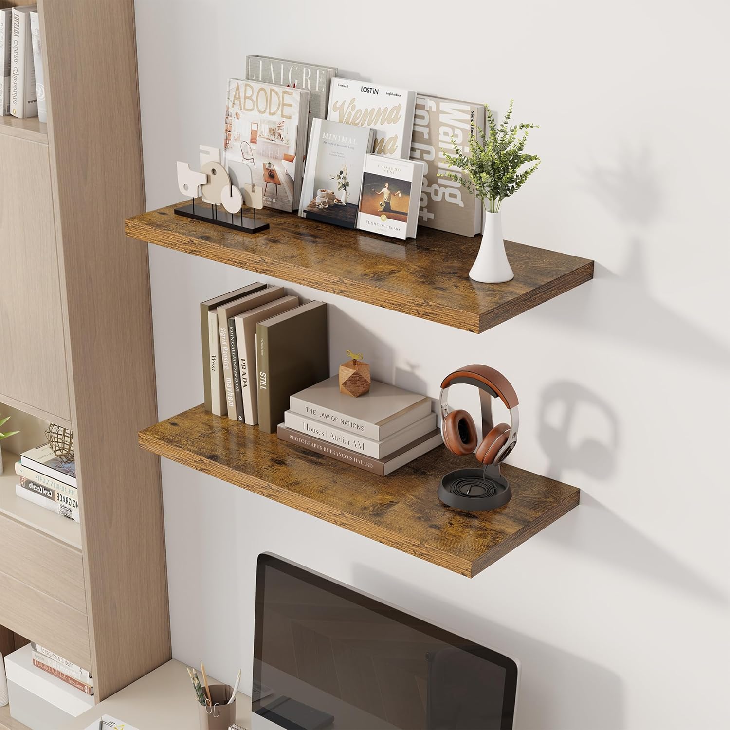 32" Floating Shelves for Wall, 12" Deep Slim Rustic Brown Floating Shelves, Wall-Mounted Shelves