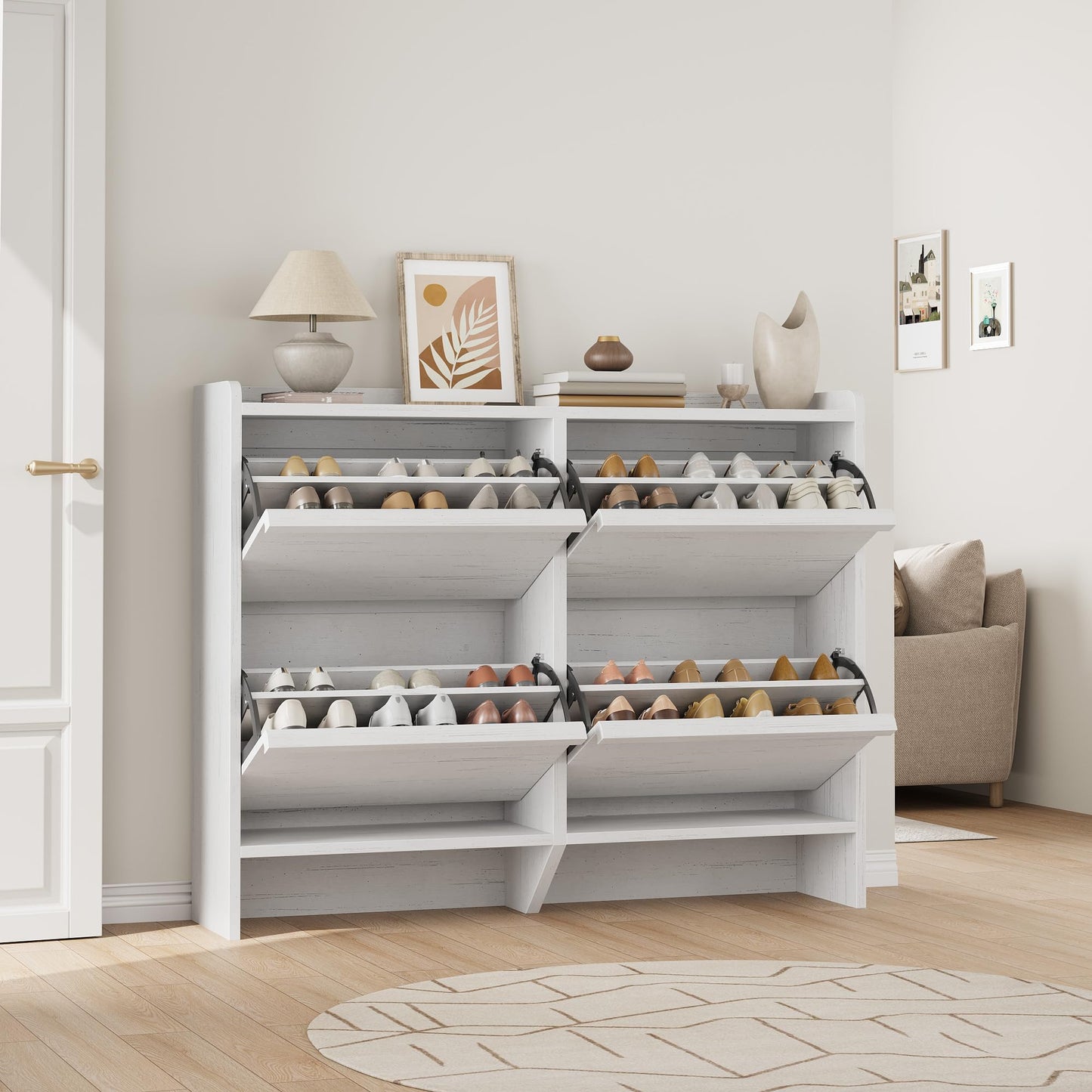 GarveeHome Shoe Cabinet with 4 Flip Drawers, Wooden Shoe Organizer Cabinet with Adjustable Shelf