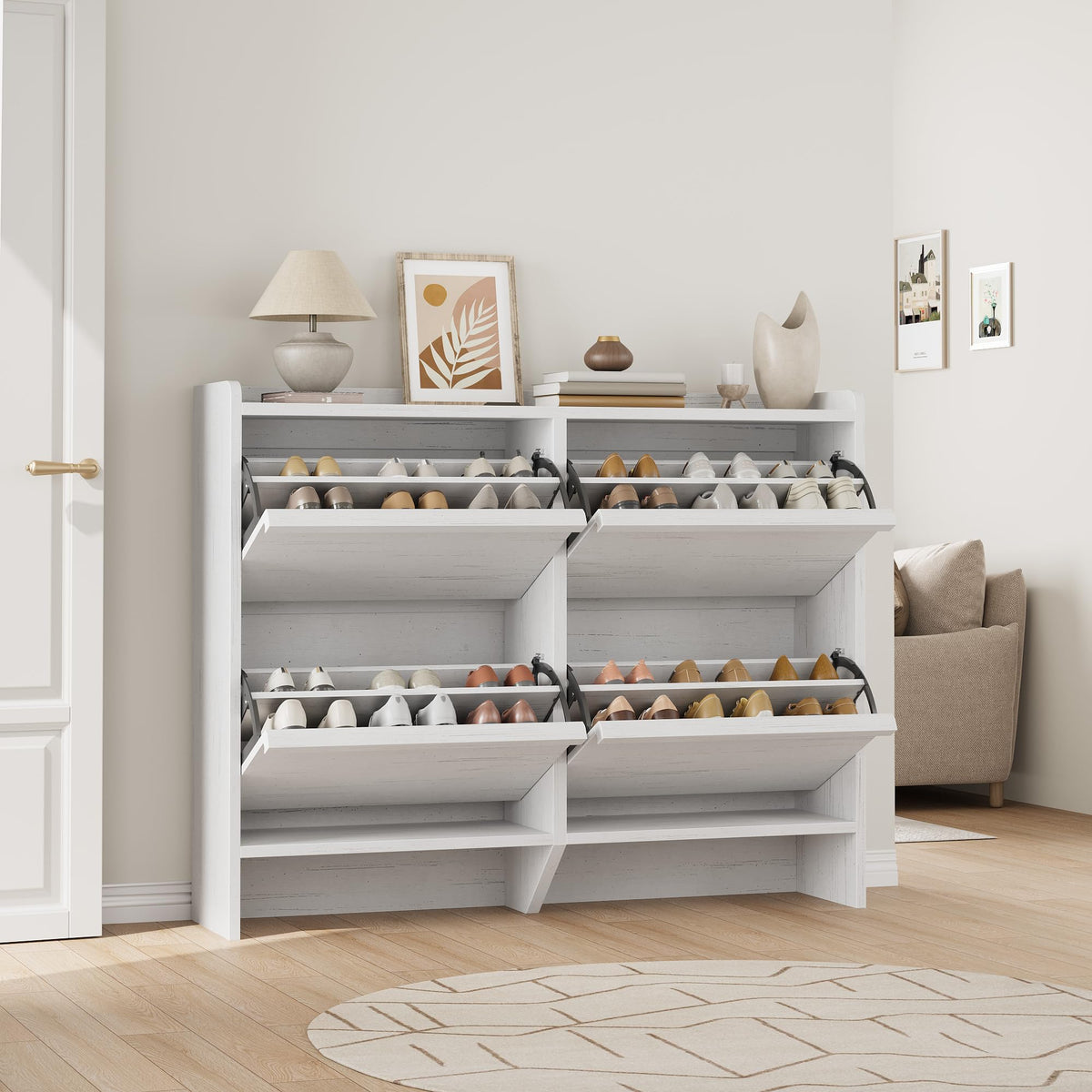 GarveeHome Shoe Cabinet with 4 Flip Drawers, Wooden Shoe Organizer Cabinet with Adjustable Shelf