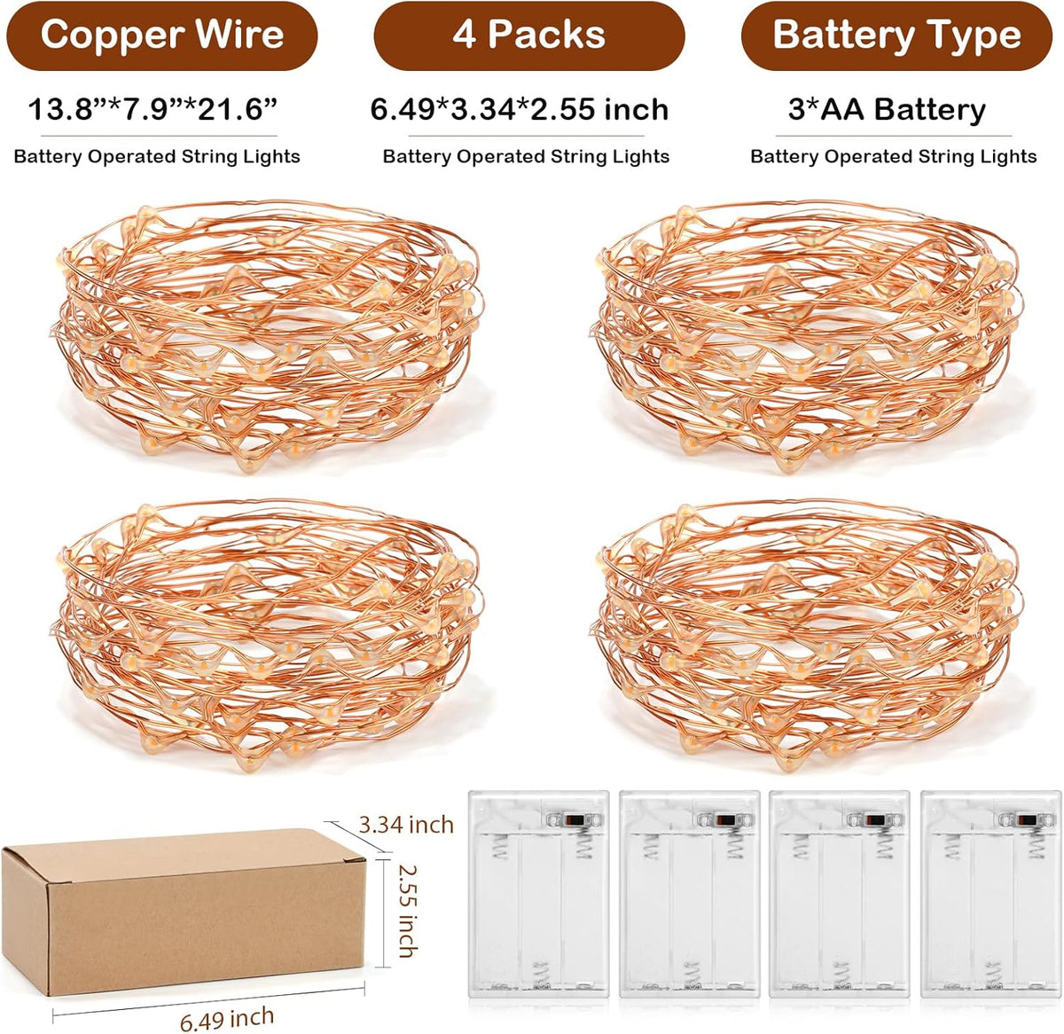 Led Fairy Lights Battery Operated, 4 Packs Mini Battery Powered Copper Wire Starry Fairy Lights for