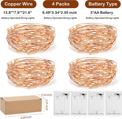 Led Fairy Lights Battery Operated, 4 Packs Mini Battery Powered Copper Wire Starry Fairy Lights for