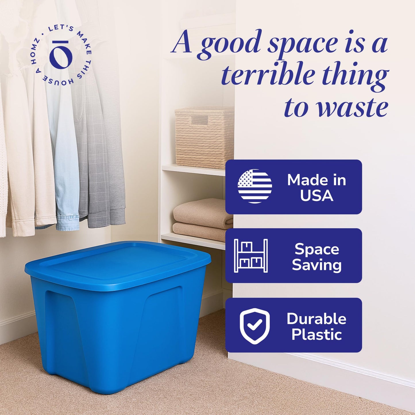HOMZ 4-Pack Durable Molded Bin, Plastic Storage Containers w/Lids, 18 Gallon, Blue - Stackable