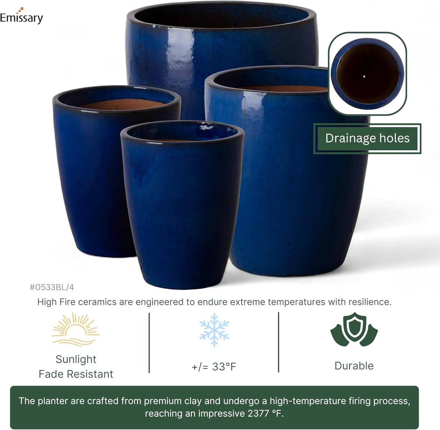 Emissary Bullet 18 in. Blue Ceramic Round Planter (18 in. L x 18 in. W x 21 in. H) with Drainage
