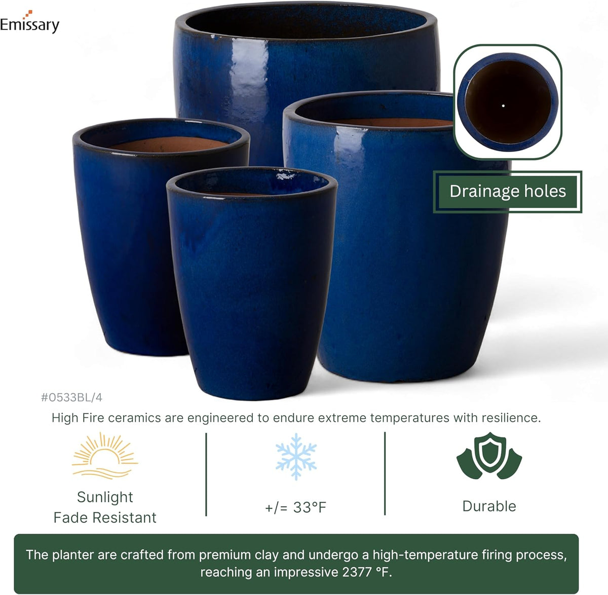 Emissary Home and Garden Bullet 12in., 14in., 15.5in., 21in. H Blue Ceramic Round Planters with