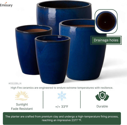 Emissary Home and Garden Bullet 12in., 14in., 15.5in., 21in. H Blue Ceramic Round Planters with