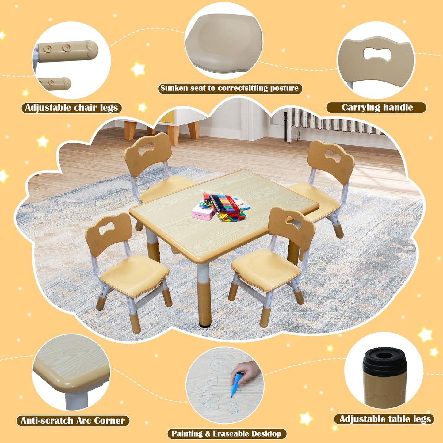 Kids Table and 4 Chairs Set with Graffiti Desktop, Toddler Furniture Set, Non-Slip, Table Children