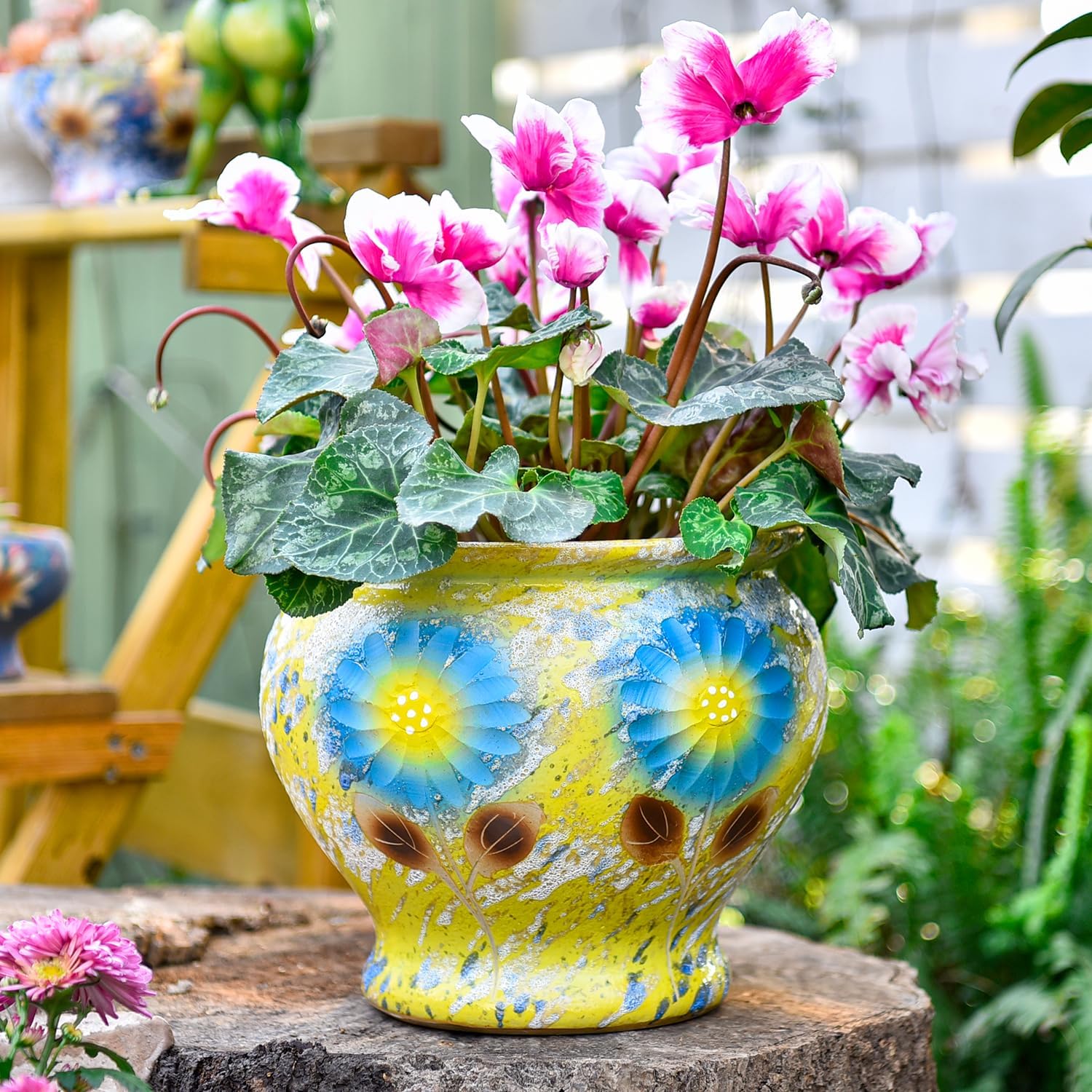 Sungmor Ceramic Hand Painted Succulent Flower Pots, 9 Inch Large Pottery Pots for Indoor Outdoor