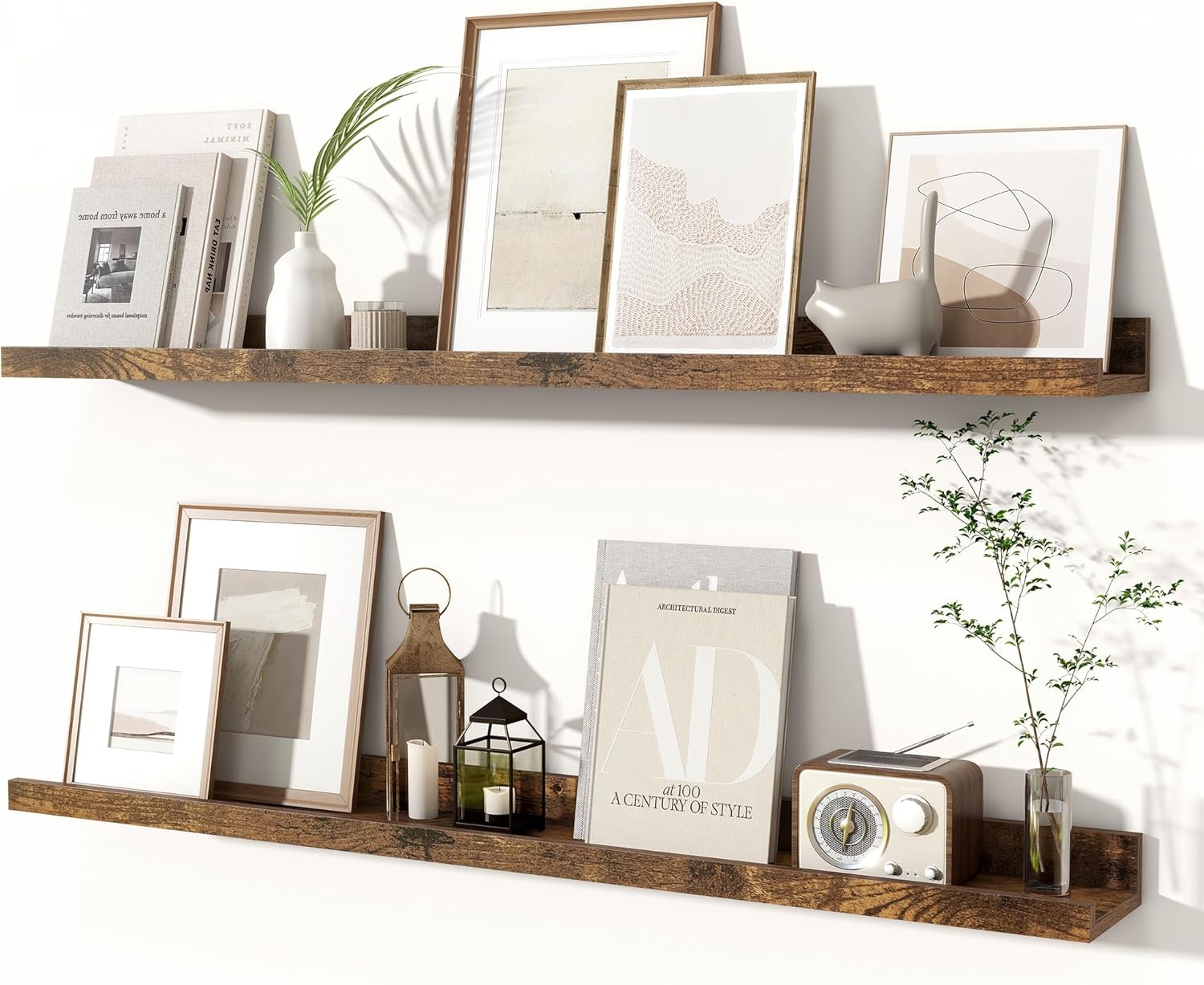 Fun Memories Picture Ledge Shelves Set of 2, 36 Inch Rustic Wall Mounted Floating Shelves with Lip