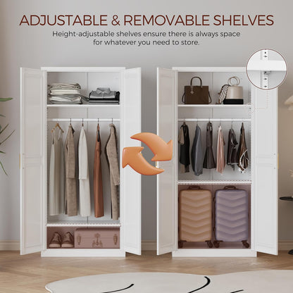 71" Metal Armoire Wardrobe Closet with 2 Doors, Tall Wardrobe Cabinet with Hanging Rod and
