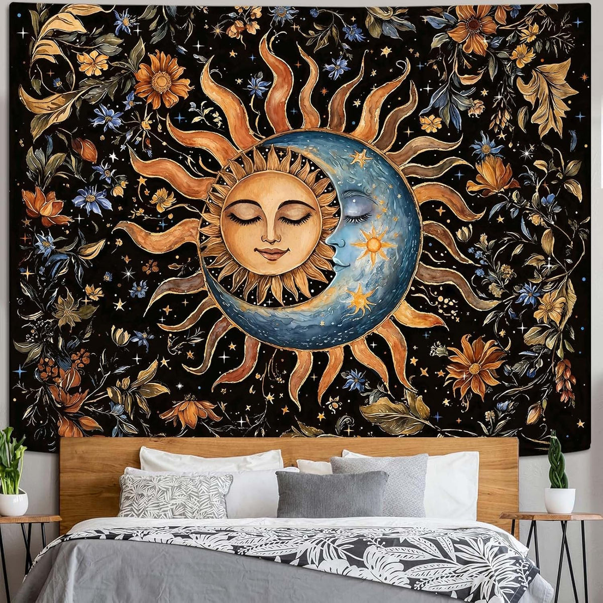 Aipon Sun and Moon Tapestry for Bedroom Boho Vintage Floral Hippie Wall Tapestry Aesthetic Retro