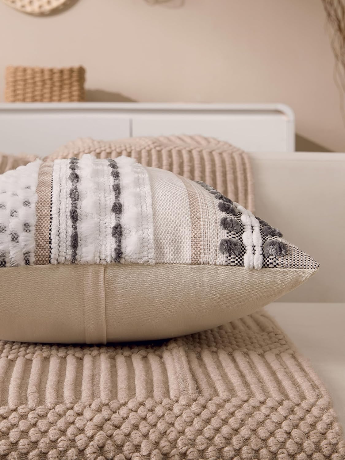 Boho Chenille Tufted Couch Throw Pillow Covers 18x18 Inch Set of 2 Farmhouse Striped Decorative