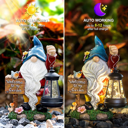 Garden Gnome Statues Figurine Lights - Solar Powered Lighting Outdoor Decorations with Lantern &
