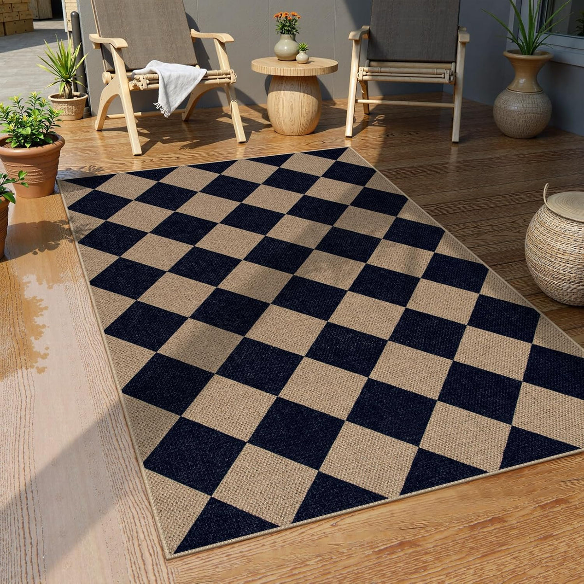 Lahome Checkered Easy Jute Entry Rug, 3x5 Black Outdoor Patio Rug for Living Room Farmhouse Neutral
