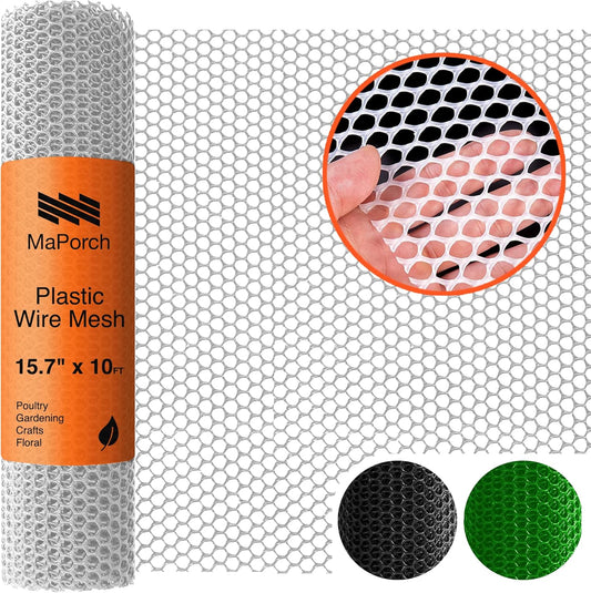 MaPorch Plastic Wire Mesh Fence - White, 15.71" x 10 ft - Plastic Chicken Wire Fencing for Dogs