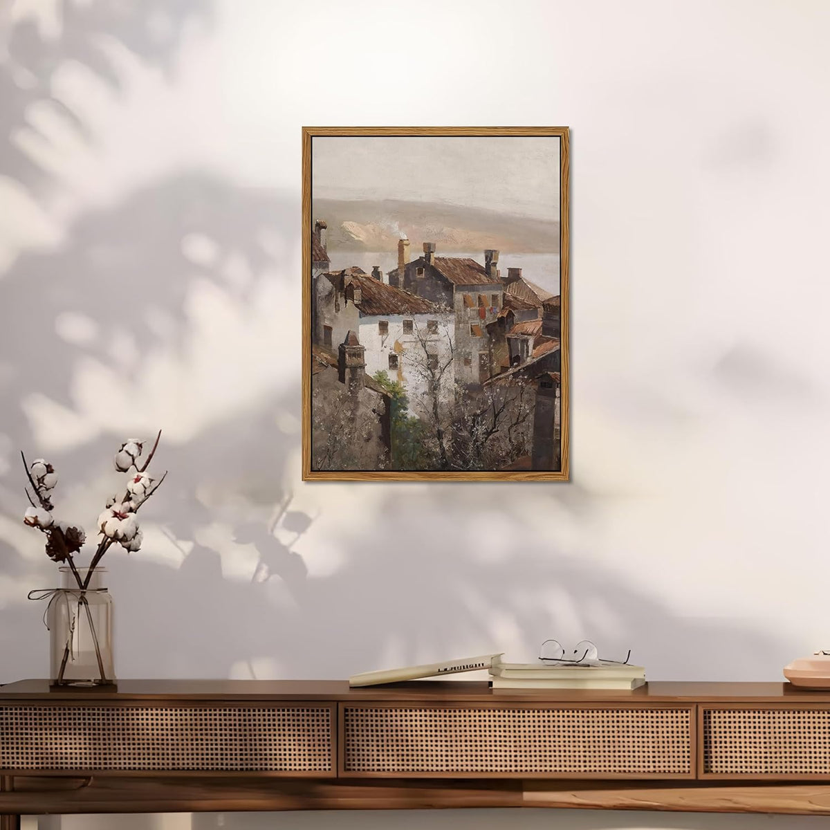Floating Framed Vintage Canvas Wall Art, European Country Towns Wall Decor Oil Paintings Artwork