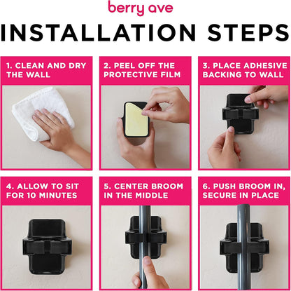 Combo 5 Slot Broom Holder w/ 1 Self Adhesive Mop Gripper No-Drilling, Wall Mount Tool Organizers